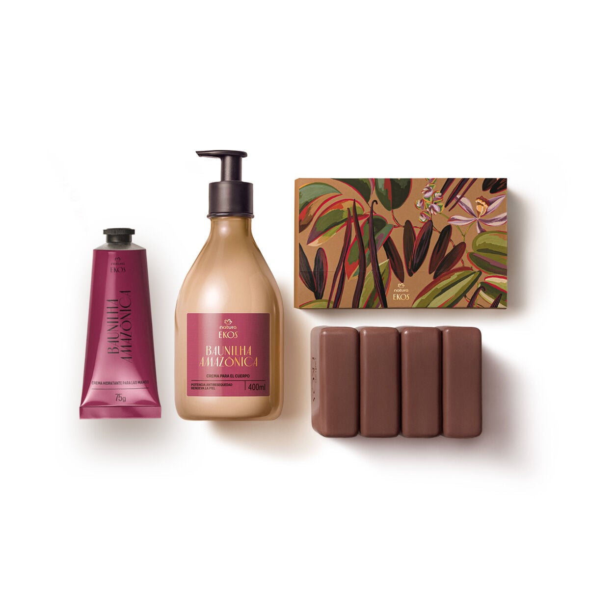 Kit Ekos Creme Hidratante Corporal, Creme Hidratante para as Mãos e Sabonete em Barra Baunilha Amazonica 3 Produtos
