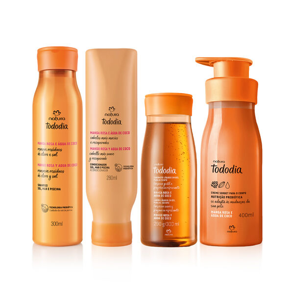 Kit Shampoo, Condicionador, Sabonete e Creme Tododia Manga Rosa e Água de Coco