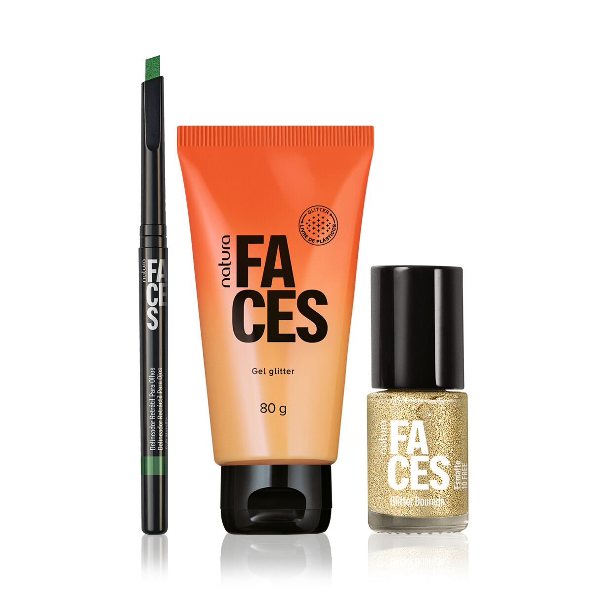 Kit Gel Glitter, Delineador Verde e Esmalte Dourado Natura Faces (3 Produtos)