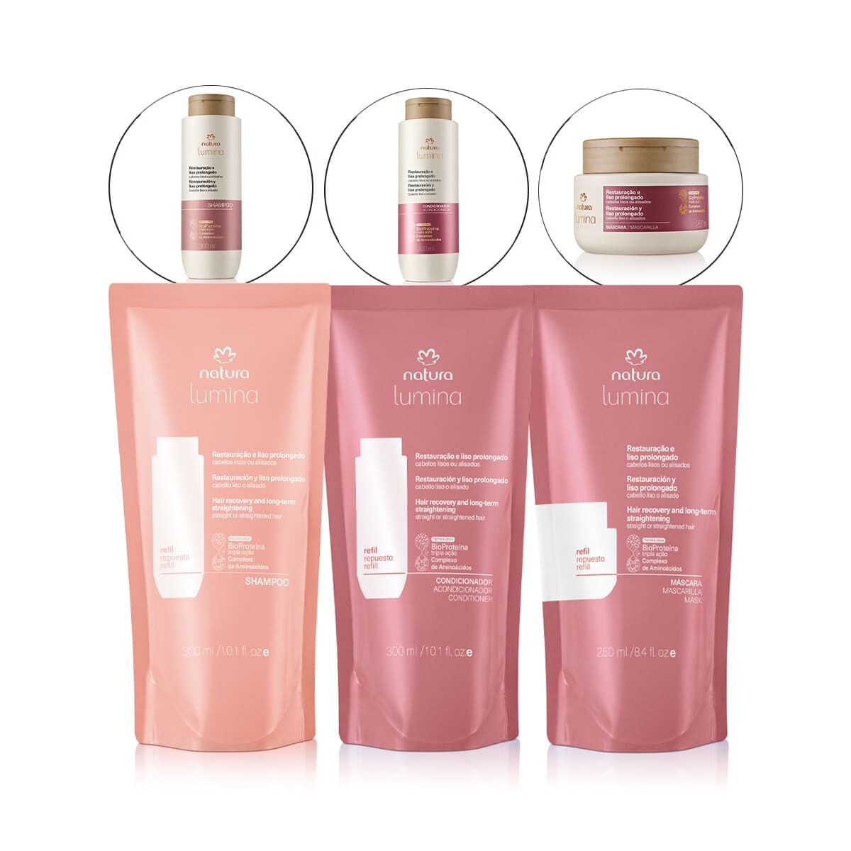 Kit Refil Shampoo, Condicionador e Máscara Lumina para Restauracao e Liso Prolongado