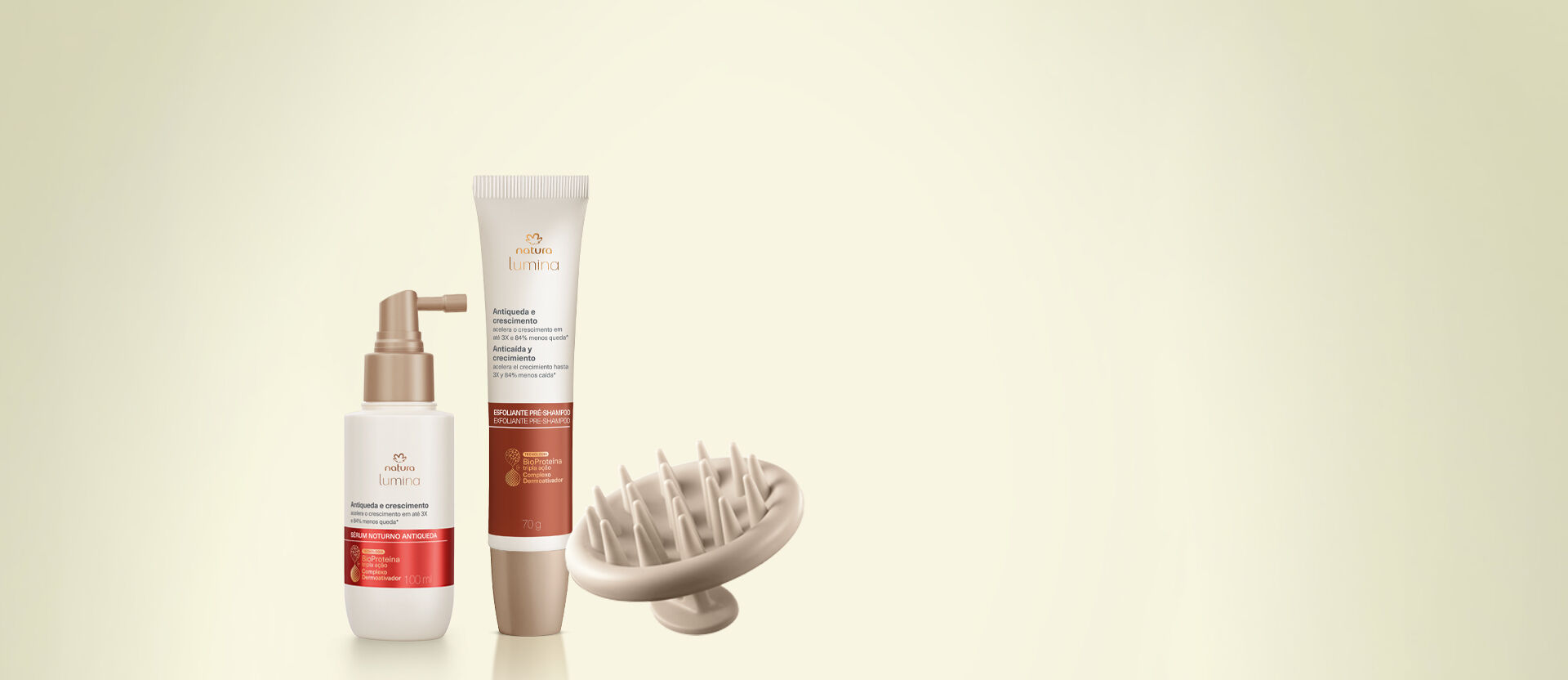 Sérum Noturno Antiqueda + Esfoliante Capilar Pré-Shampoo + Massageador de Couro Cabeludo (3 produtos)