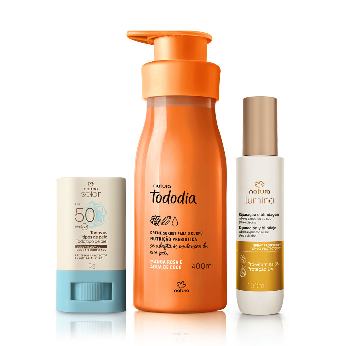 Kit Verao Creme Corporal Tododia Manga Rosa e Água de Coco, Spray Capilar e Protetor Facial em Stick
