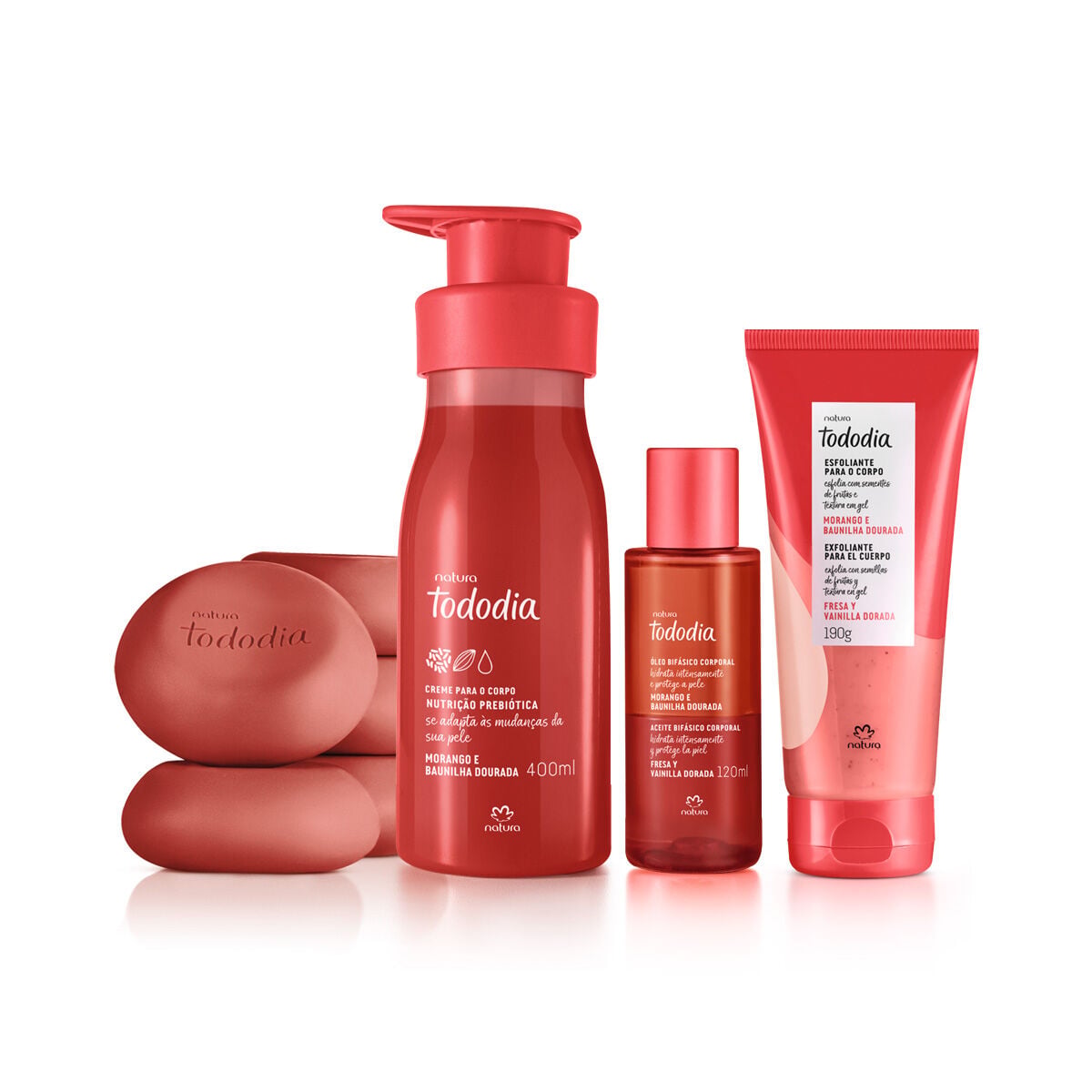Kit Tododia Morango e Baunilha Dourada Banho, Esfoliacao e Hidratacao