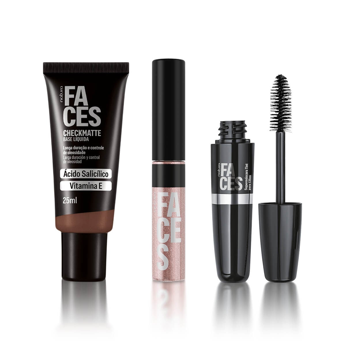 Kit Faces Base Checkmatte, Máscara de Cilios Tint e Gloss