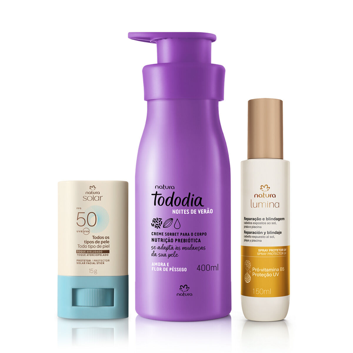 Kit Verao Creme Corporal Tododia Amora e Flor de Pessego, Spray Capilar e Protetor Facial em Stick