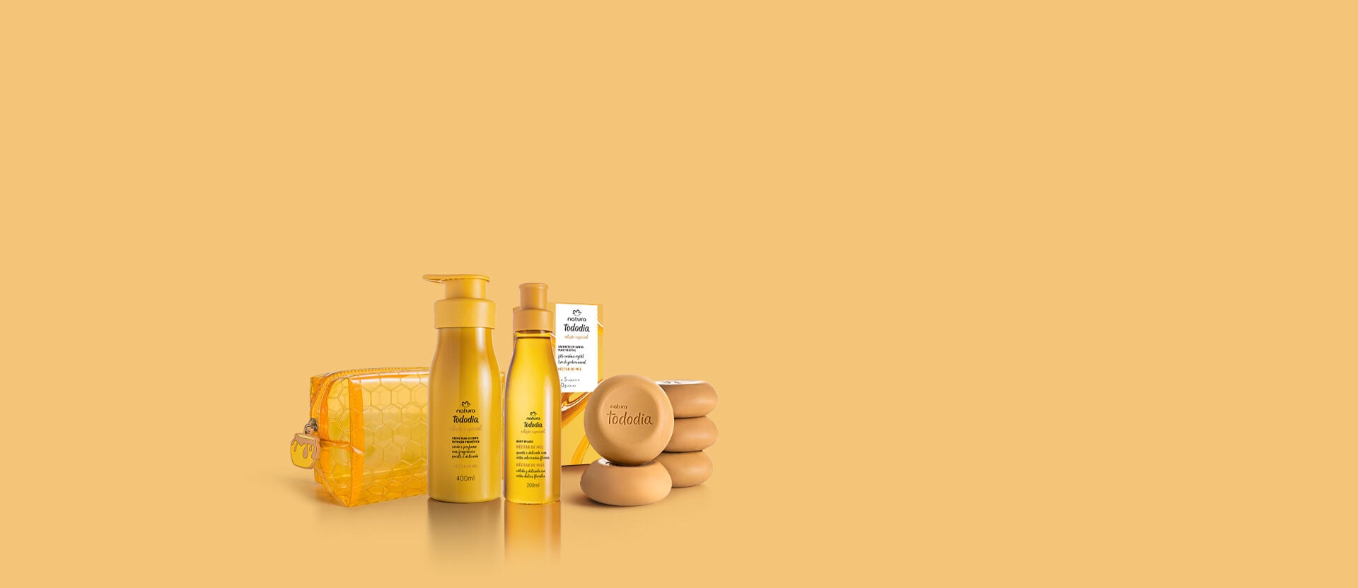 Kit Tododia Body Splash, Creme para o Corpo, Sabonete  e Nécessaire Néctar de Mel (4 produtos)