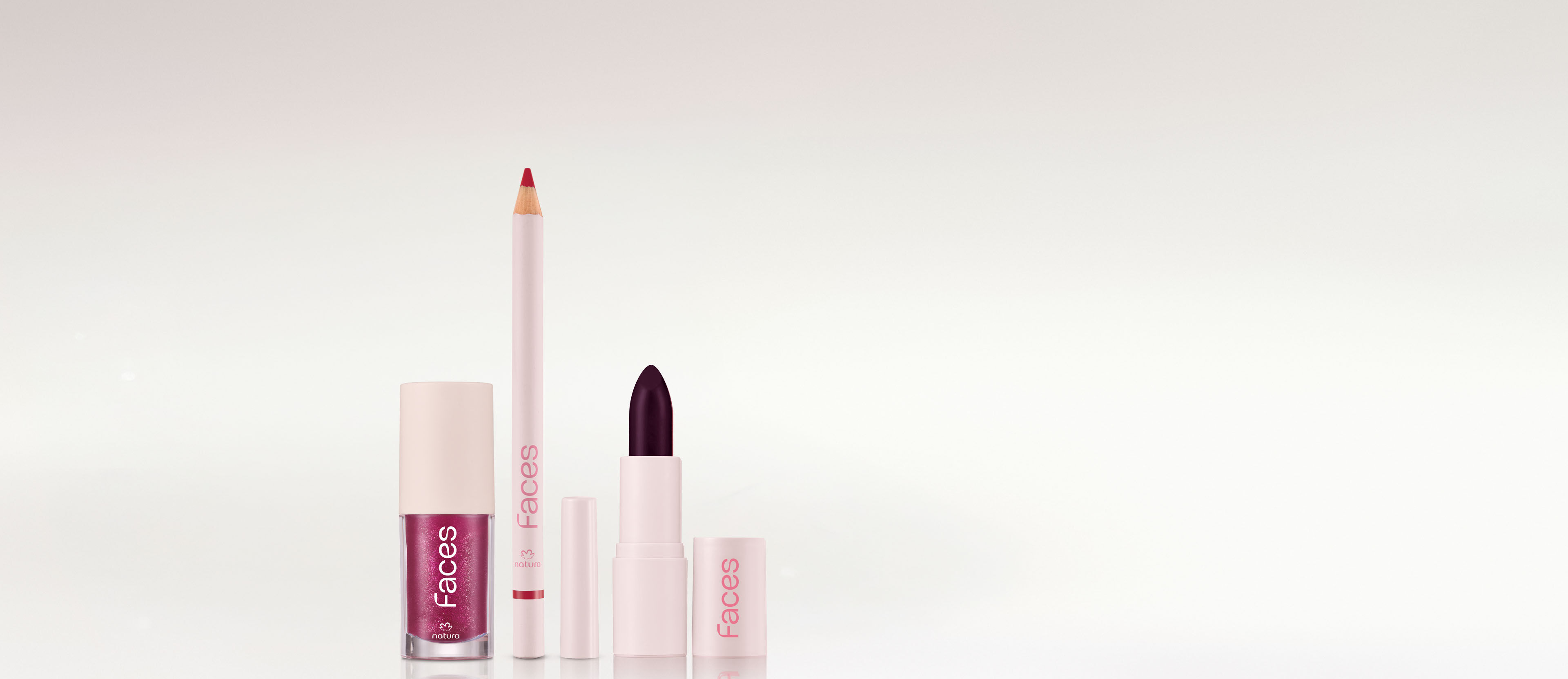 Kit Batom Vinho Rocks, Lápis Red Love e Gloss Malva Vibe Faces (3 produtos)