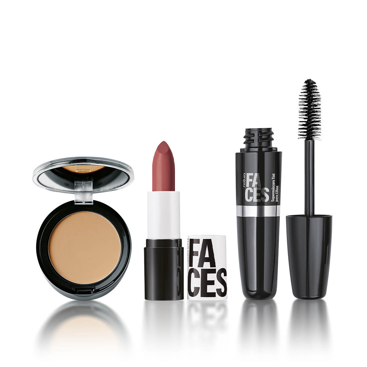 Kit Faces Po Compacto, Batom Matte e Máscara de Cilios Tint