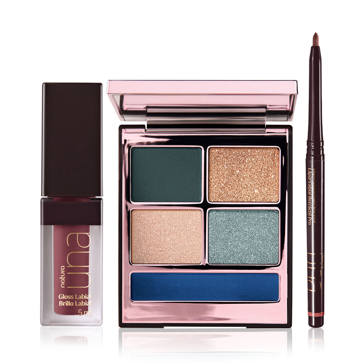 Kit Pro Palette, Lapis Labial e Gloss Rose Natura Una (3 Produtos)