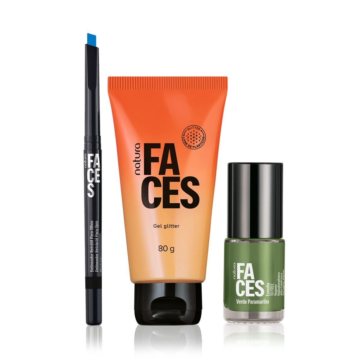Kit Gel Glitter, Delineador Azul e Esmalte Verde Paramaribo Natura Faces (3 Produtos)