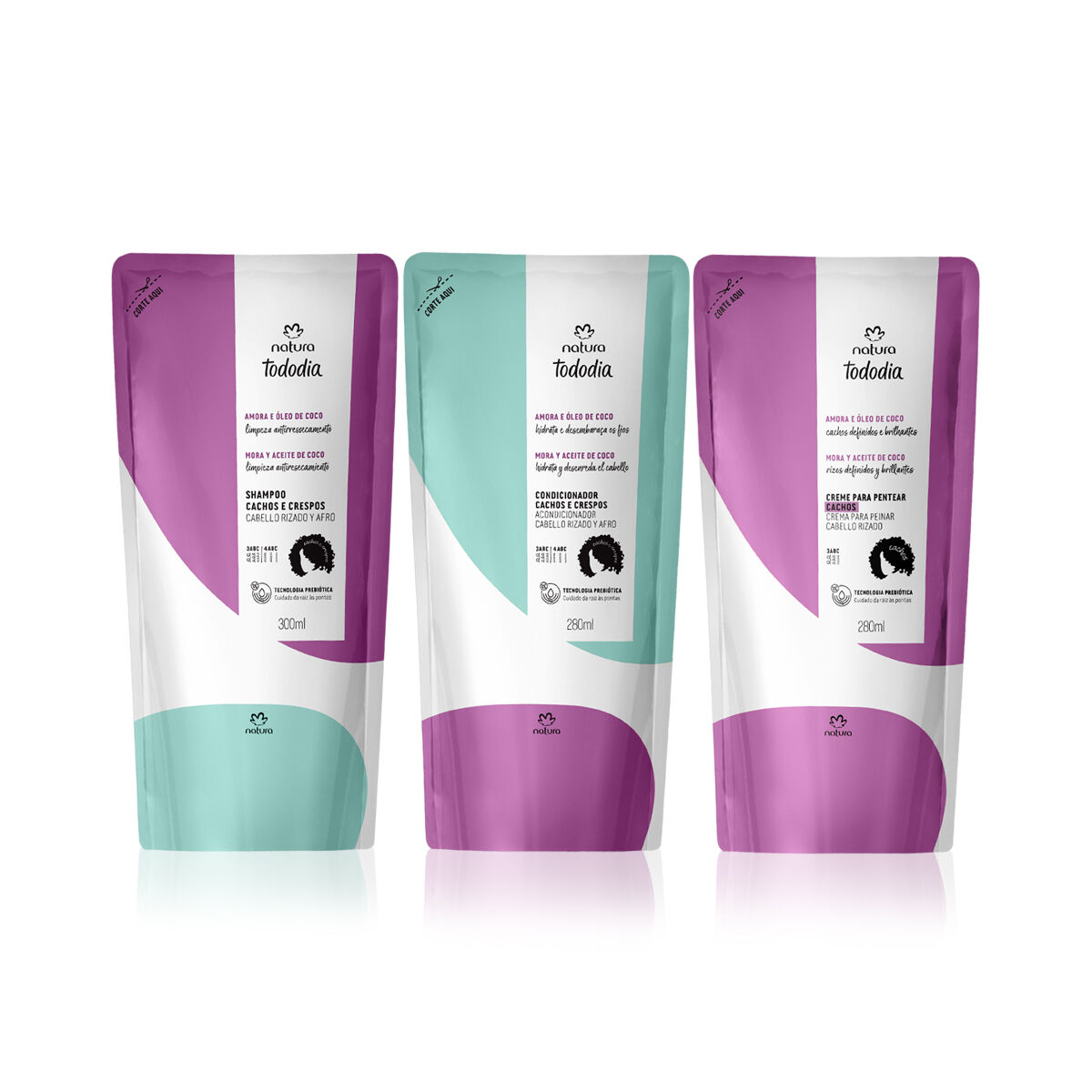 Kit Refil Natura Tododia Shampoo, Condicionador e Creme de Pentear Cachos (3 Produtos)