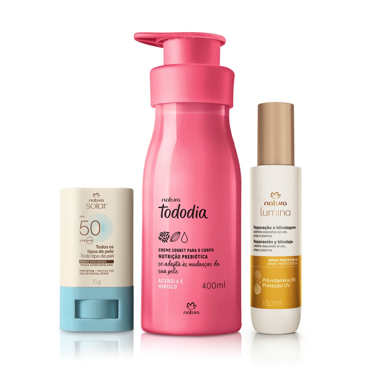 Kit Verao Protetor Solar Facial, Spray Capilar e Hidratante Corporal