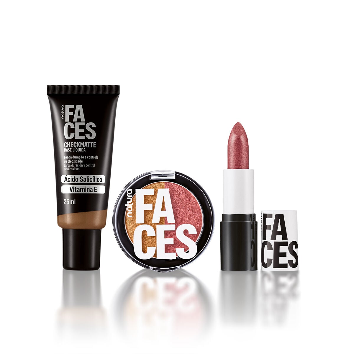 Kit Faces Base Checkmatte, Duo Super Brilho e Batom Cremoso
