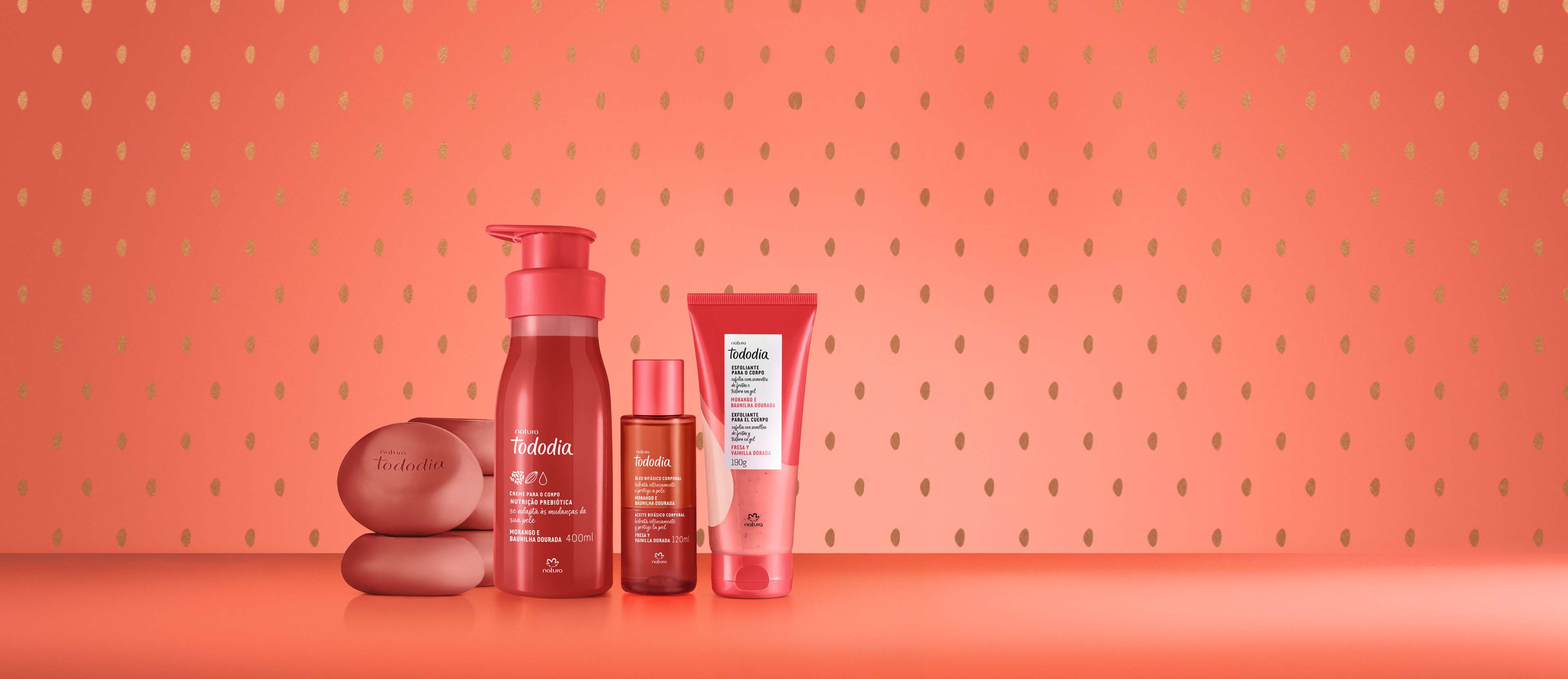 Kit Tododia Morango e Baunilha Dourada Banho, Esfoliação e Hidratação