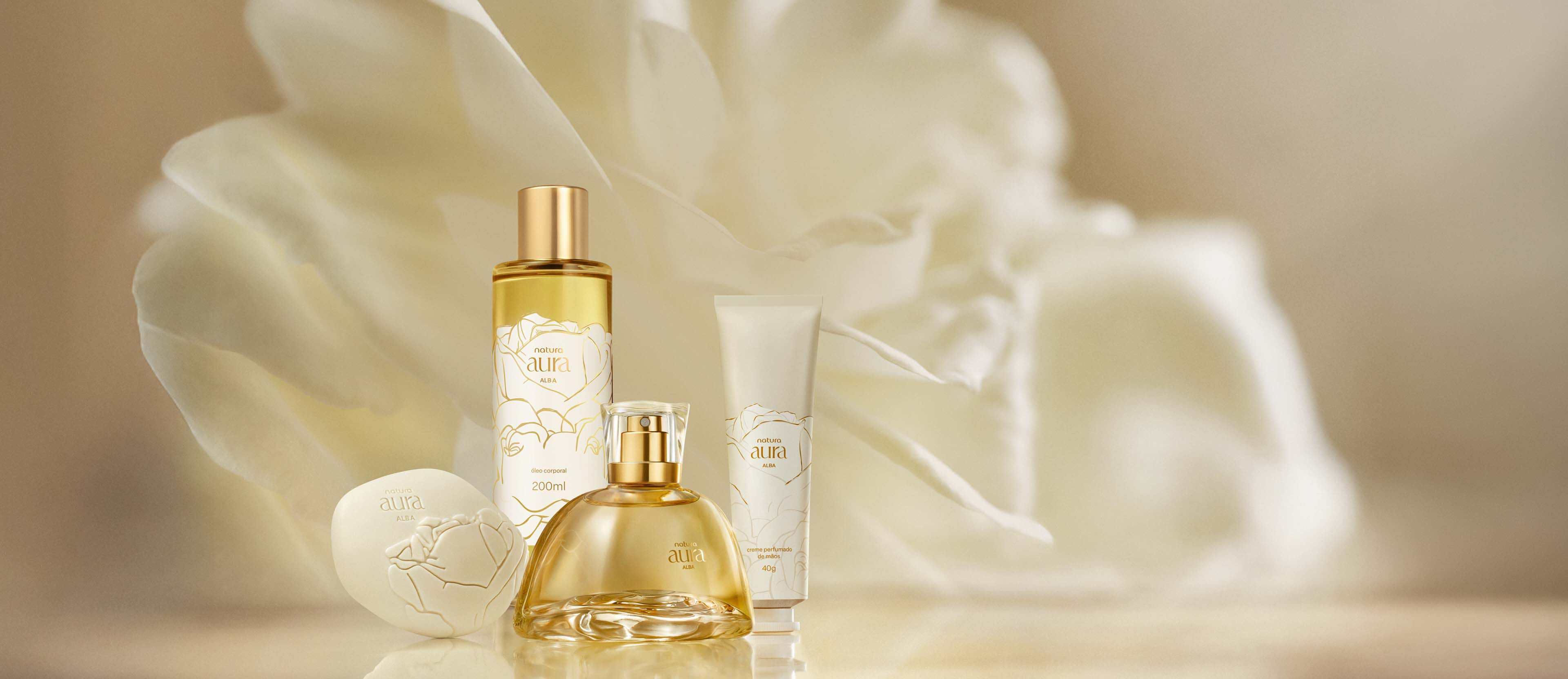 Kit Eau de Parfum, Óleo Corporal, Creme para Mãos e Sabonete Natura Aura Alba (4 produtos)