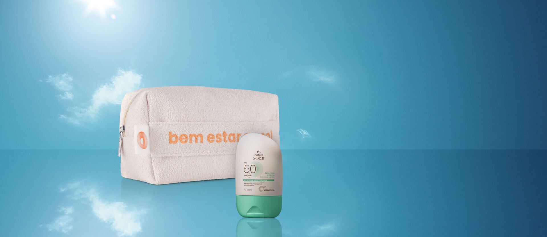 Kit Protetor Solar Facial Pele Mista a Oleosa FPS 70 e Nécessaire Natura Solar