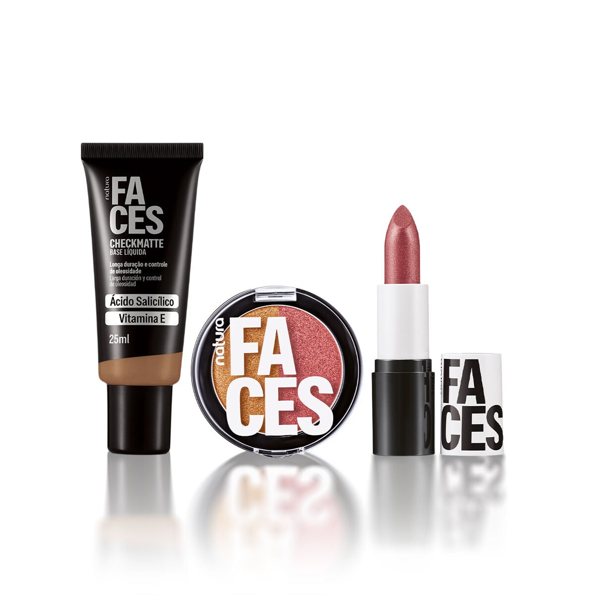 Kit Faces Base Checkmatte, Duo Super Brilho e Batom Cremoso