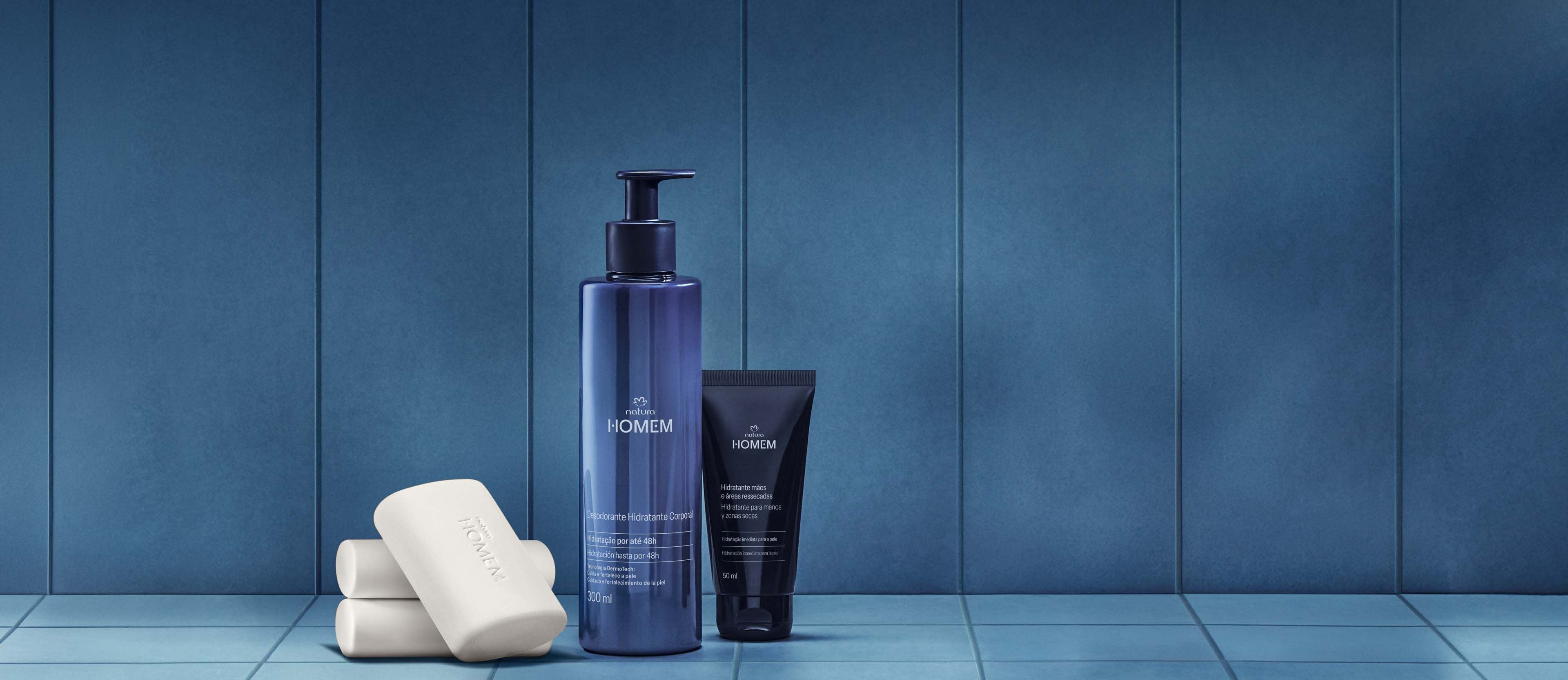 Kit Desodorante Corporal, Hidratante para Manos y Áreas Resecas y Jabón en Barra para Cuerpo y Barba Natura Homem (3 unidades)