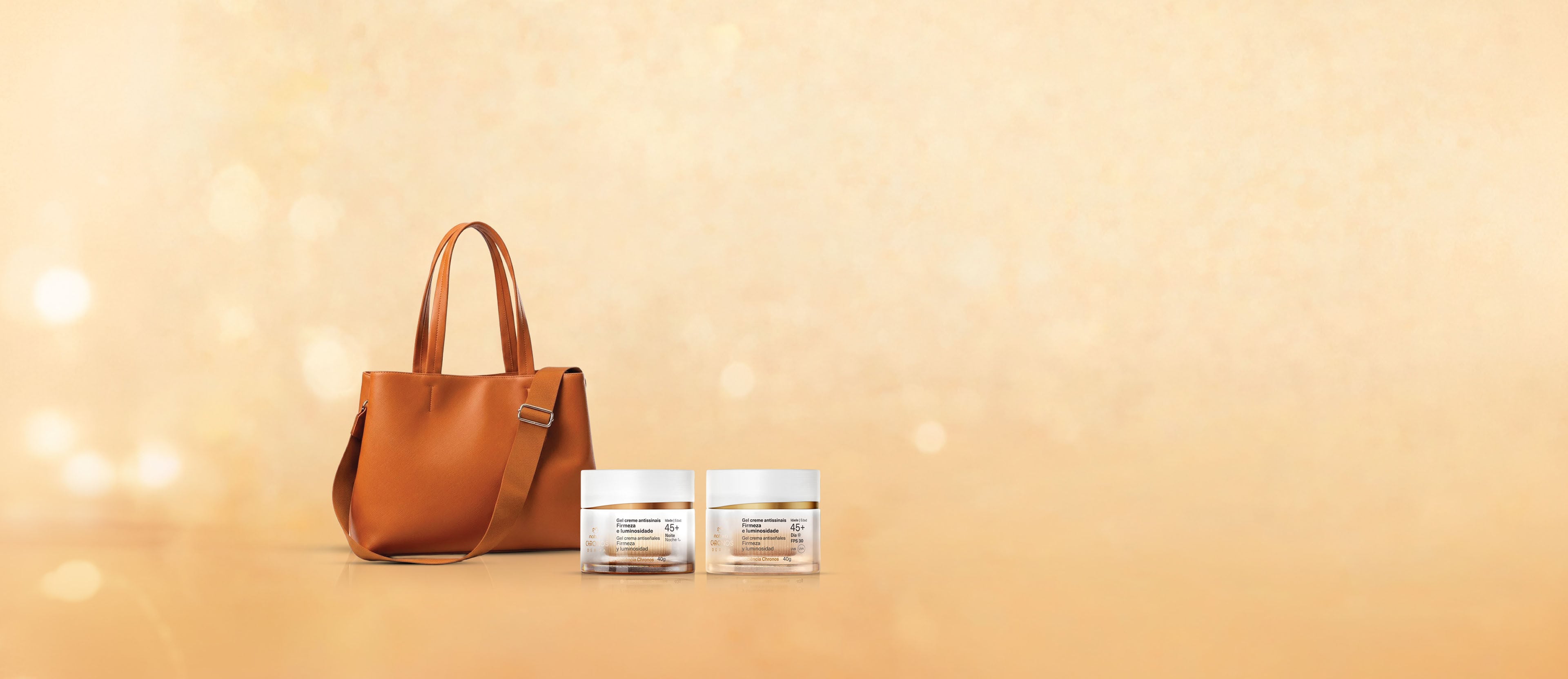 Rutina día y noche Gel Crema Antiedad Firmeza y Luminosidad Chronos Derma 45+ con Bolso