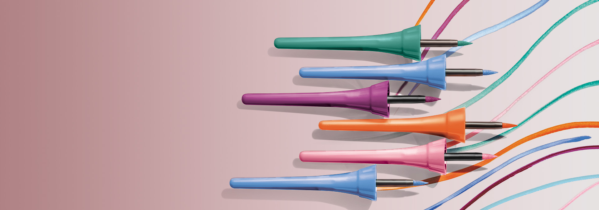 Banner com fundo rosa claro, apresentando delineadores coloridos em embalagens vibrantes (verde, azul, laranja, roxo e rosa). O texto sugere precisão e intensidade para maquiagens incríveis.