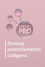 Efeito PRO em forma de molécula e texto: firmeza preenchimento e colágeno em fundo em tom creme.