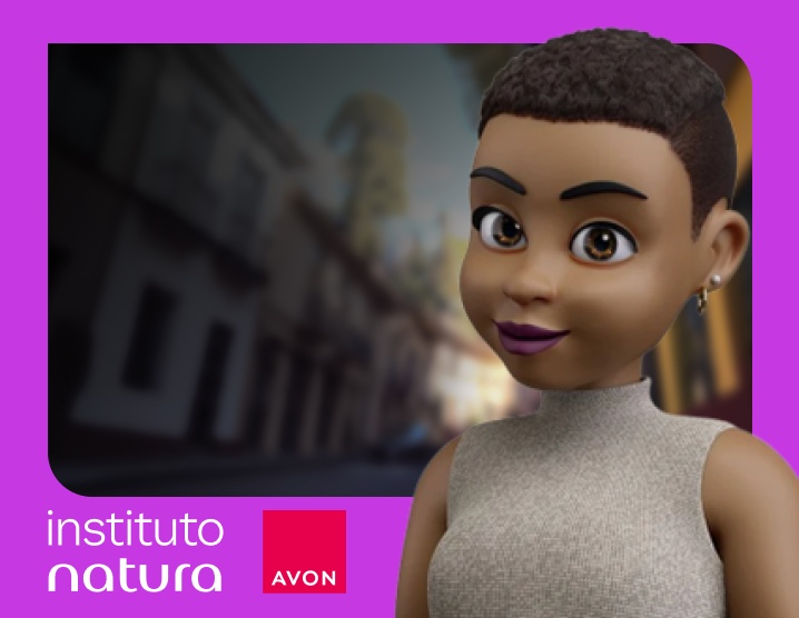 Ilustração da Ângela, mulher negra de cabelos crespos e curtos, assistente virtual do Instituto Natura, sobre foto de cidade desfocada, em moldura lilás com logos do Instituto Natura e Avon.