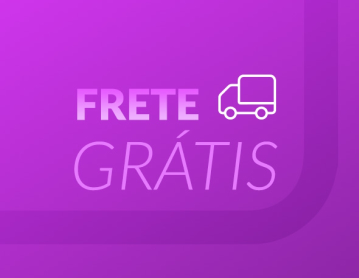 Em fundo em tons de roxo, ilustração branca de caminhão com texto “frete grátis”.