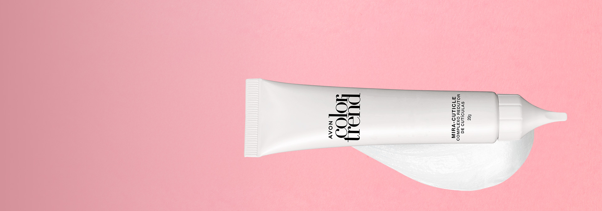 Banner com fundo rosa suave, apresentando um tubo de creme para cutículas da linha Avon Color Trend. O texto destaca "Cuidado com as unhas" e sugere cuidados para fortalecer e embelezar as unhas.