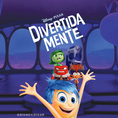 Personagens Nojinho, Tédio, Raiva, Ansiedade e Alegria de Divertida Mente com suas respectivas emoções na sala de controle do filme, sobre fundo azul-escuro. Logo Disney/Pixar Divertida Mente no topo.