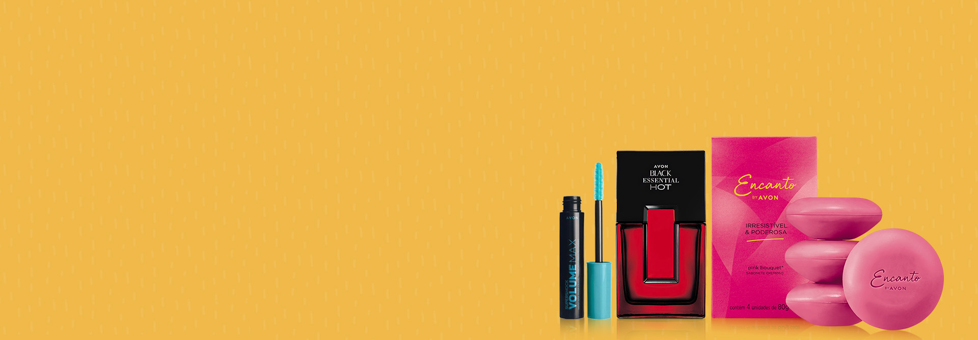 Produtos Avon em fundo amarelo.