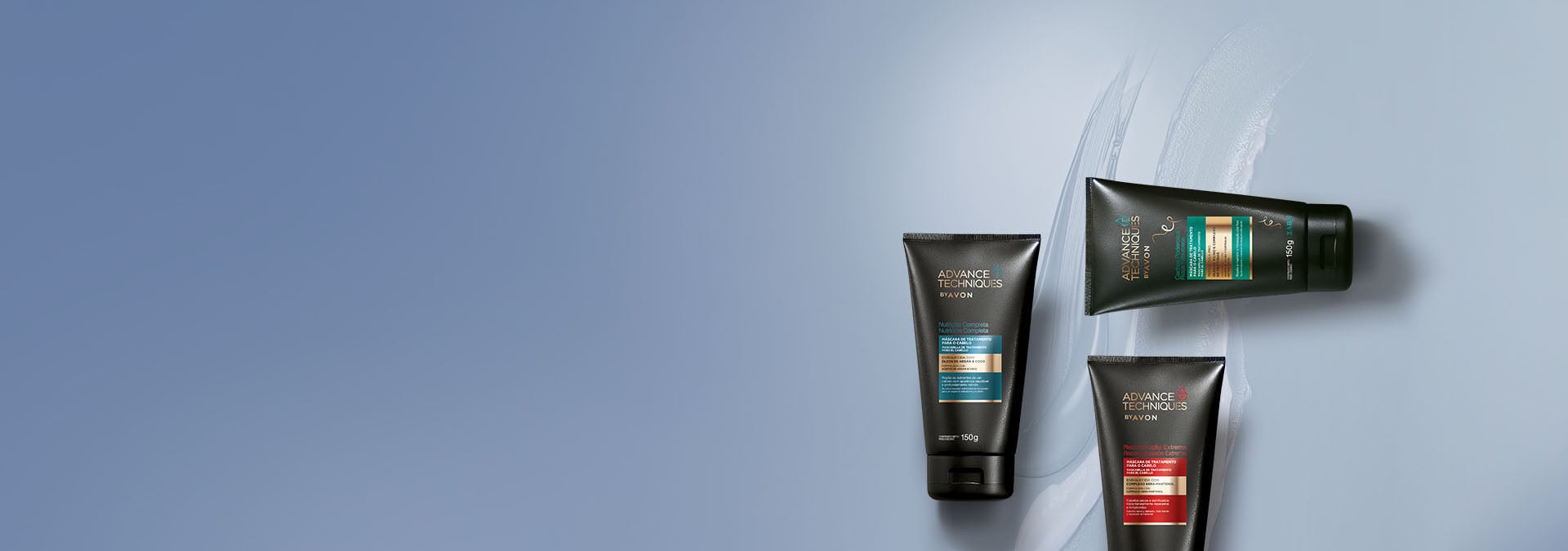  Banner em fundo azul claro. Em destaque, três frascos de máscara capilar da linha Advance Techniques. Texto: "Tratamento intensivo para cabelos incríveis! Solução para fios saudáveis e bonitos."