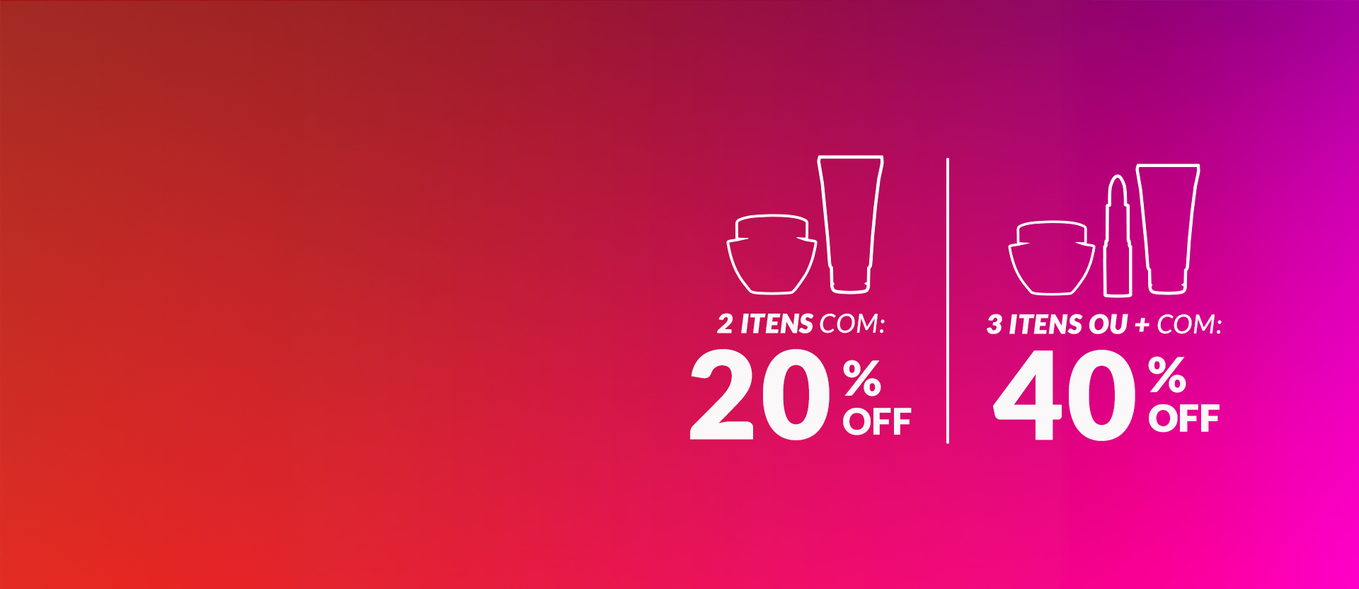 Banner com fundo em gradiente rosa e roxo. Apresenta texto: Progressivo com até 40% OFF. À direita, ícones de produtos como potes e tubos, destacando 20% OFF para 2 itens e 40% OFF para 3 itens.