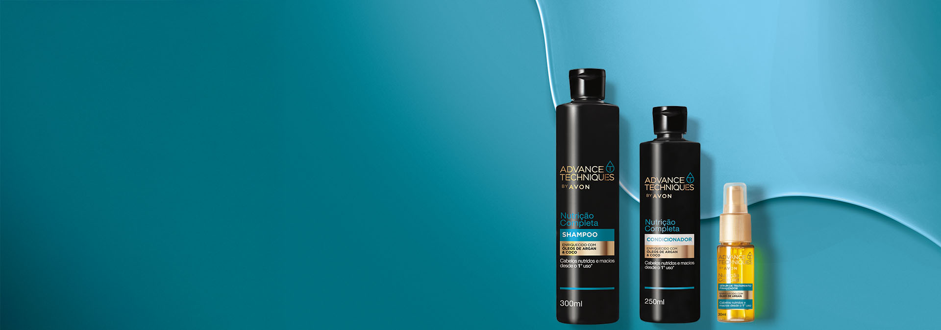 Banner em fundo azul. Em destaque, três produtos da linha Advance Techniques: shampoo, condicionador e um óleo capilar. Texto: "Cabelos incríveis, autoestima lá em cima! Avon para fios deslumbrantes."