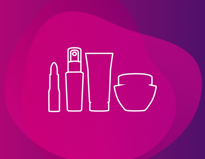 Em fundo em tons de rosa e roxo, ilustrações de silhuetas de produtos Avon: batom, frasco com válvula, bisnaga e pote.