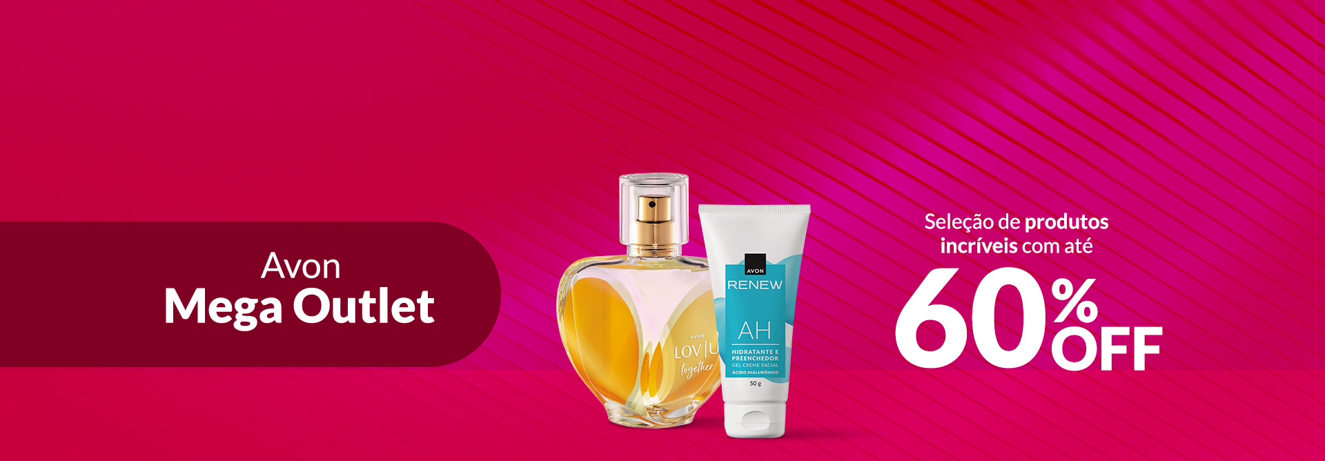 Frasco com formato de coração em tons de amarelo de Deo Parfum LOV | U Together e bisnaga branca com azul de Renew Hidratante Preenchedor, em fundo em tons de vermelho e rosa, com selo Avon Mega Outlet à esquerda.