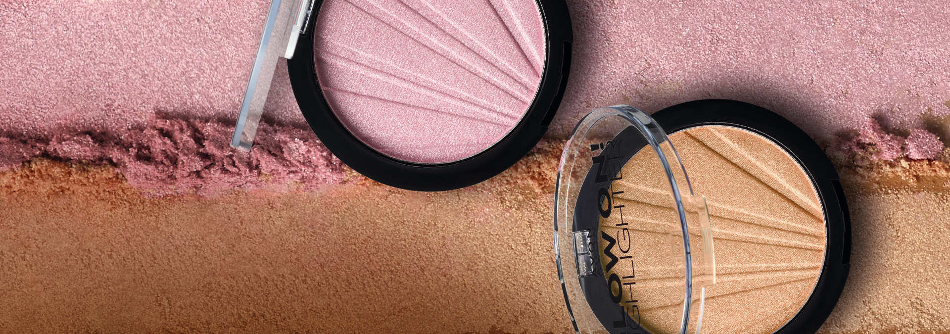 Banner com fundo em tons de rosa e dourado, apresentando dois iluminadores Avon nas mesmas cores, ambos em embalagens pretas. O texto sugere criar um efeito luminoso e natural na maquiagem.