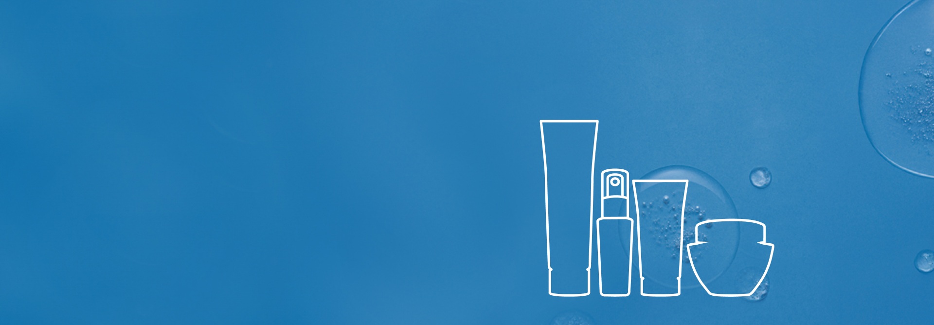 Ilustrações de silhuetas de produtos Renew como: bisnaga grande, frasco com válvula, bisnaga pequena e pote, em fundo azul com gotas translúcidas.
