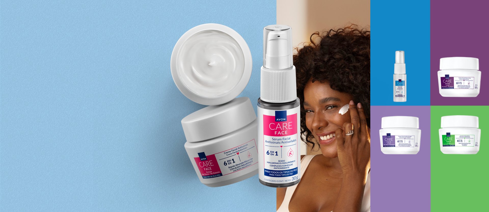 Mulher negra de cabelo cacheado sorri e passa creme no rosto. Ao redor dela, frascos de Creme Facial e de Sérum Facial da linha Avon Care. Completa a imagem um coração branco com textura cremosa.