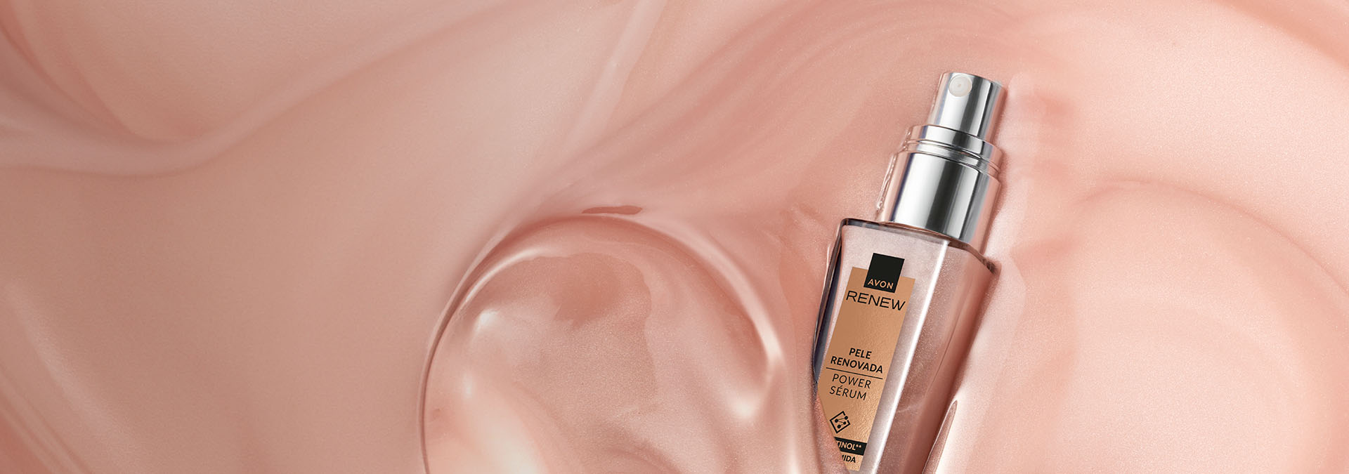 Banner com fundo rosa suave e texturizado, apresenta o produto Renew: Power Serum para pele renovada. Destaca cuidados intensivos que nutrem e transformam a rotina facial.