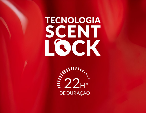 Selo "Tecnologia Scent Lock" e selo "22h de duração", em branco, sobre fundo vermelho.