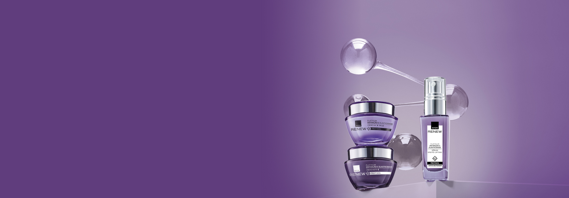 Dois potes roxos com tampas prata de Platinum cremes dia e noite empilhados ao lado de frasco roxo com válvula de Renew Platinum Sérum Lift & Firmeza. À frente, molécula translúcida. Fundo roxo.
