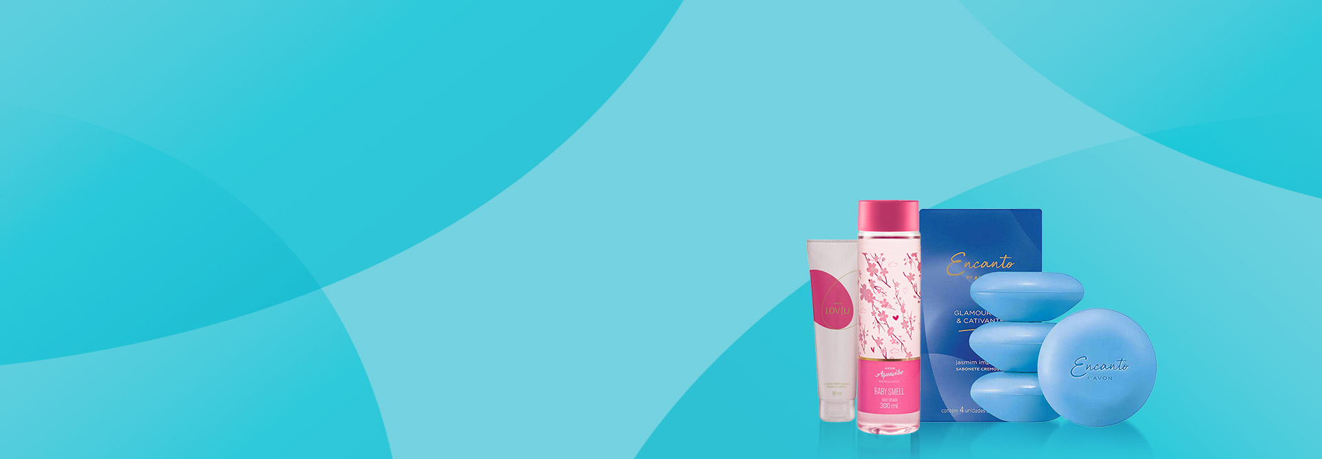 Produtos Avon em fundo em tons de azul-claro.