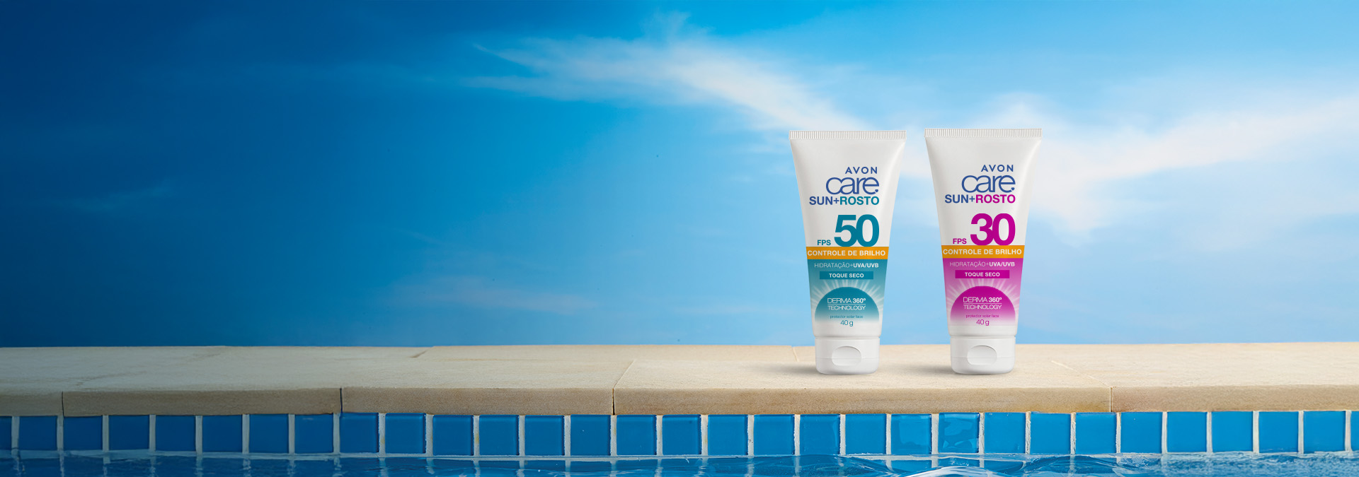 Banner com fundo azul claro e piscina, apresenta dois protetores solares faciais da linha Avon Care, um com FPS 50 e outro com FPS 30. Texto: "Protetor solar facial, cuidado especial para seu rosto."