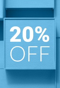 Selo 20% OFF em branco sobre caixa azul, com fundo de mais caixas azuis.