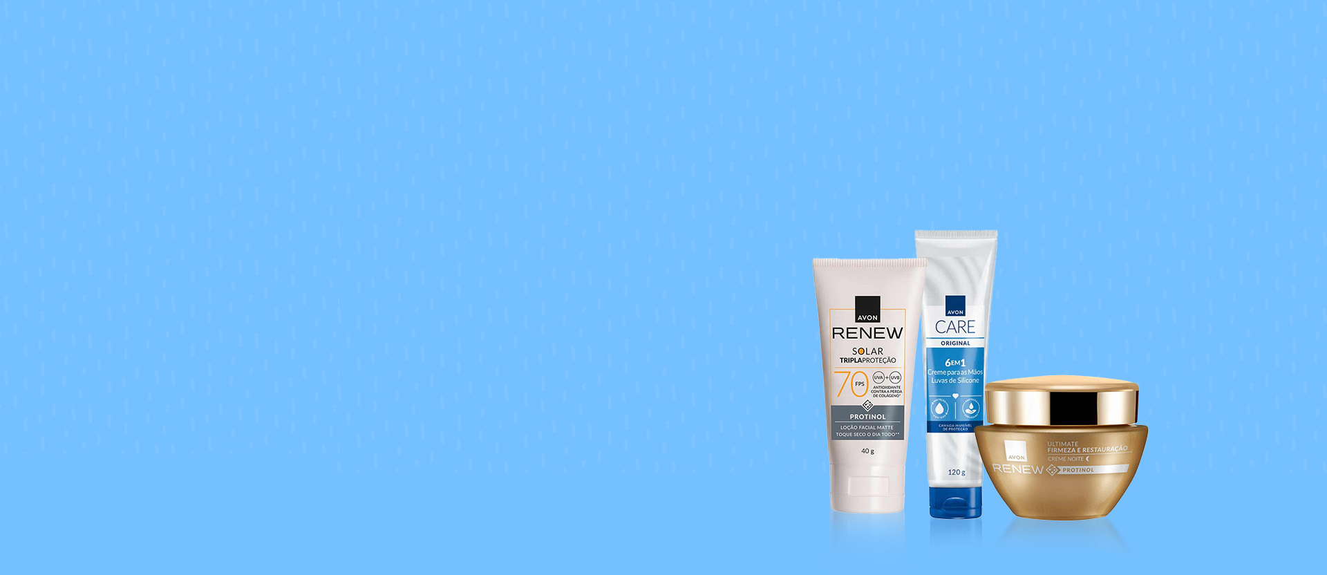 Produtos Avon em fundo azul claro.