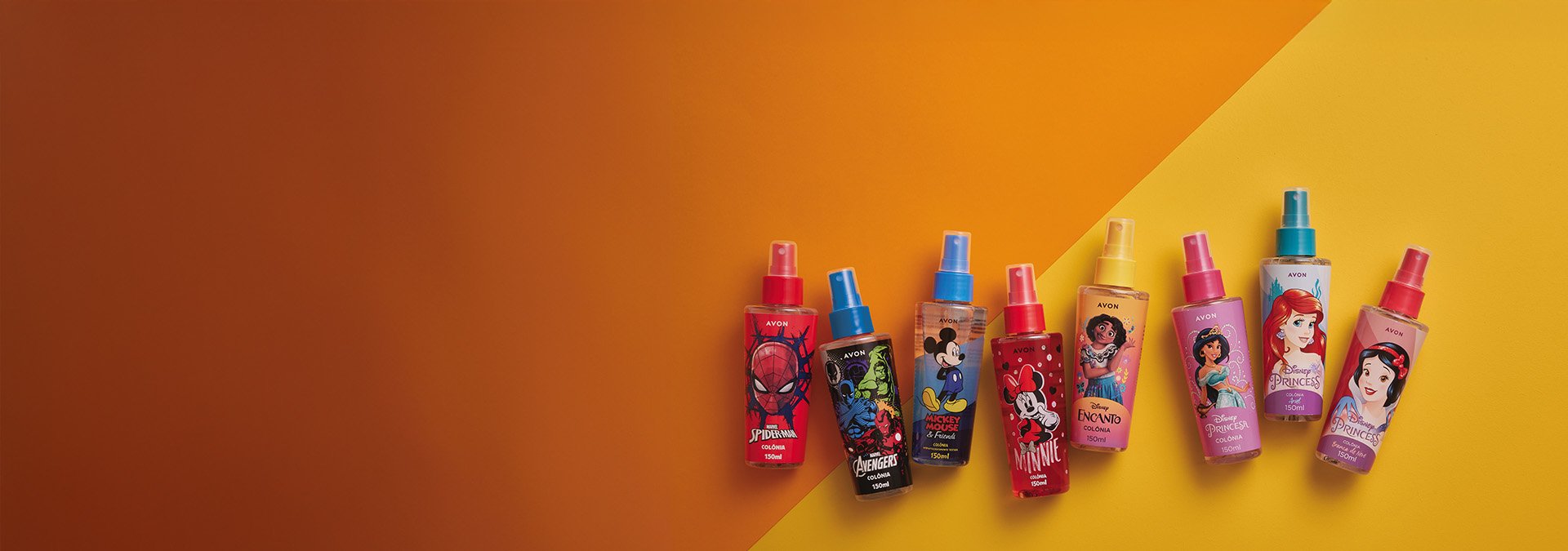Banner com fundo laranja em degradê. Elementos incluem frascos coloridos de colônias infantis Avon com personagens como Mickey, Minnie, Princesas e Vingadores. Texto: "Infantil: presentes para todos."