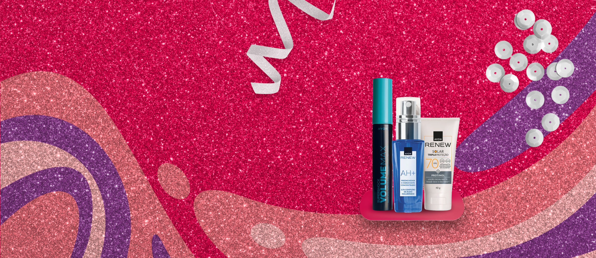 Máscara para Cílios Supershock, Renew Preenchedor e Renew Solar FPS 70, lado a lado, em fundo com elementos gráficos em tons de vermelho, rosa e lilás brilhantes com lantejoulas e serpentina prateadas.