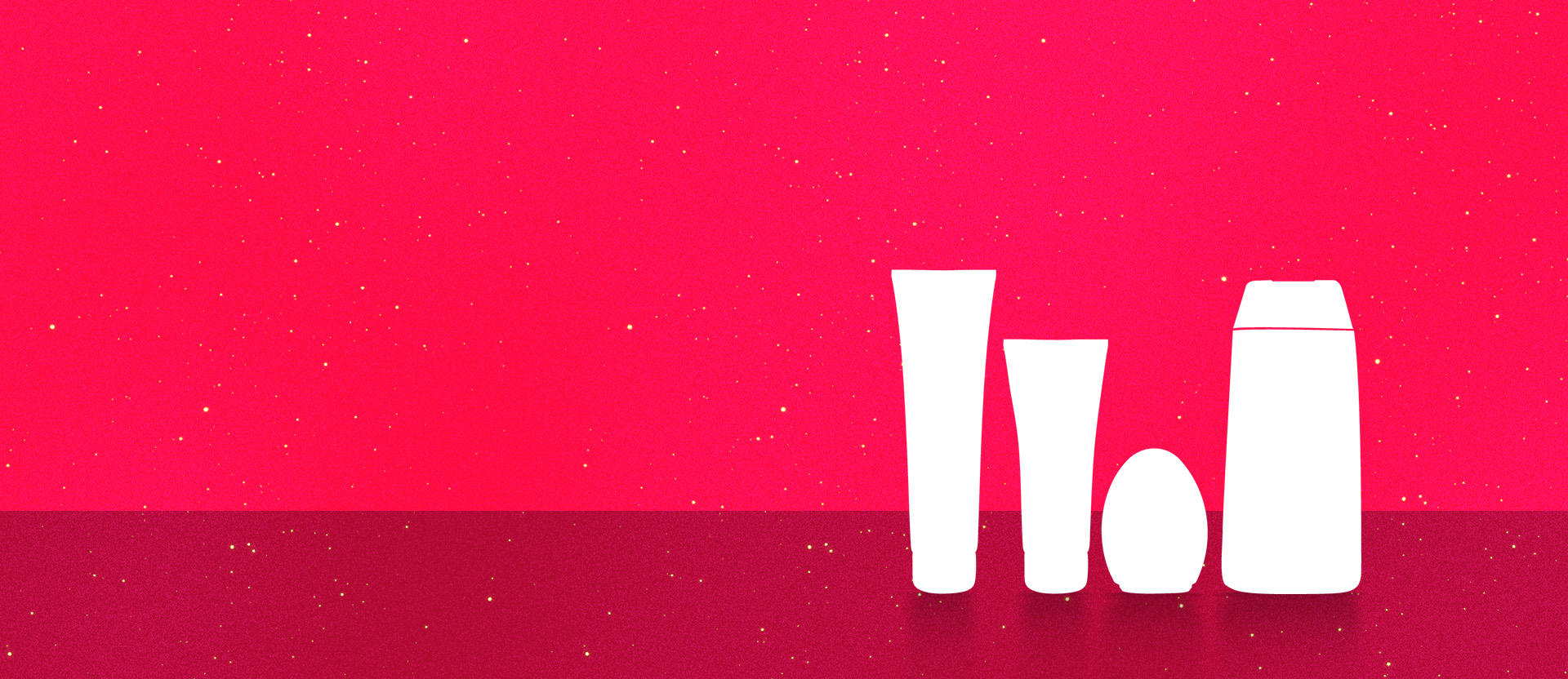 Silhuetas brancas de quatro embalagens de produtos Avon. Fundo em tons de vermelho com pontos de luz dourados.