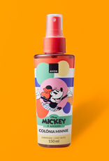 Frasco estampado com tampa vermelha de Avon Colônia Minnie, coleção Disney Mickey e Amigos, em fundo amarelo.
