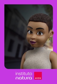 Ilustração da Ângela, mulher negra de cabelos crespos e curtos, assistente virtual do Instituto Natura, sobre foto de cidade desfocada, em moldura lilás com logos do Instituto Natura e Avon.
